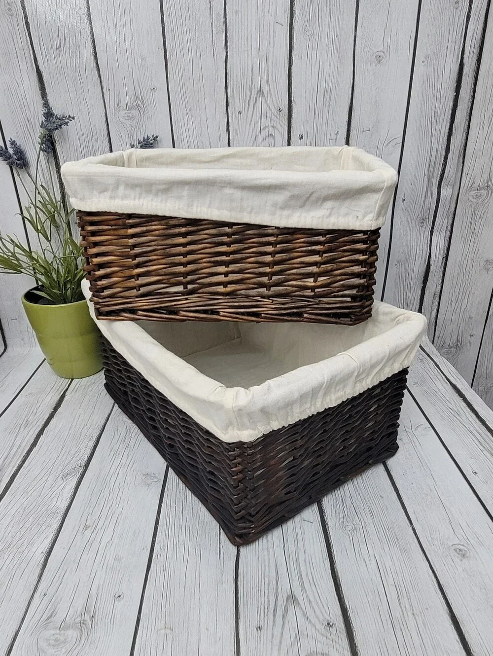 Woven Rectangular Storage Baskets with Cream Liner - Set of 2
